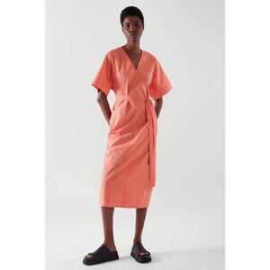 COS Belted Kaftan V-neck Shirt Dress Midi Stretch Poplin Orange US 10